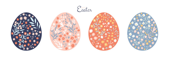 Fancy hand-drawn floral Easter eggs, vector illustration.