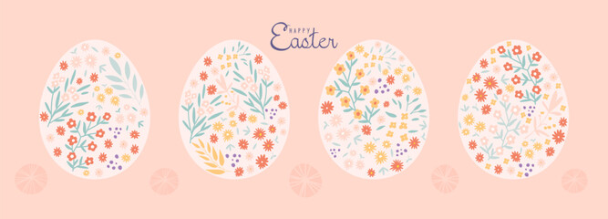 Fancy hand-drawn floral Easter eggs, vector illustration.