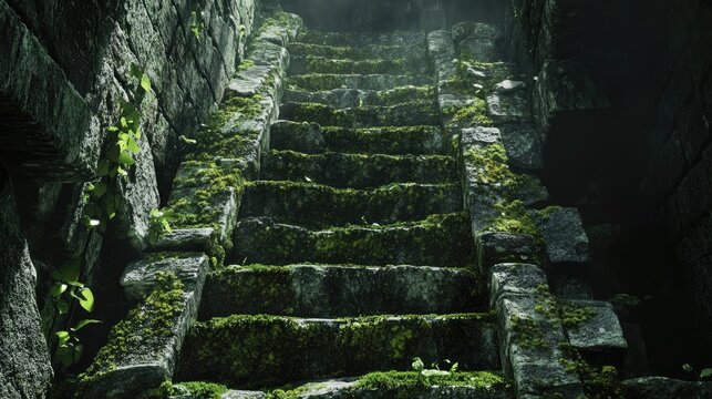 Mystical stone stairs overgrown with moss lead to an unknown destination