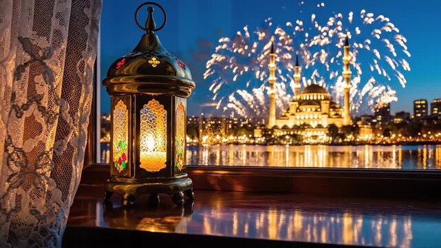 Festive Ramadan celebration. Glowing Fanoos lantern on a windowsill with fireworks over a mosque at night. Use for Islamic holiday promotions and cultural content.