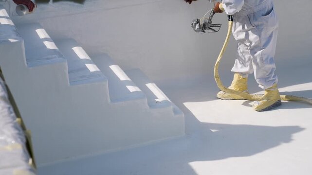 Painting crew spraying painting the floor and pool white