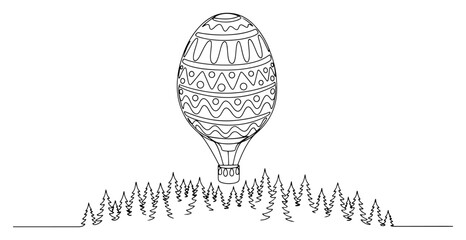 Decorative hot air balloon with patterns flying over a pine forest in one line drawing style © AnimalZOO