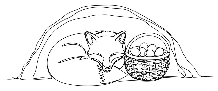 Cute sleeping fox in a den next to a basket of easter eggs in continuous line art style
