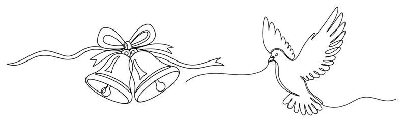Fototapeta premium Flying dove and wedding bells with ribbon in continuous line art style