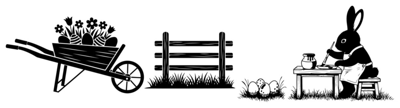 Easter bunny silhouette painting eggs next to a garden wheelbarrow and fence