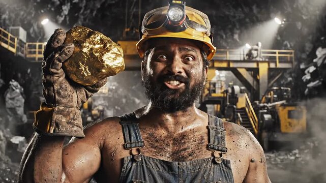 Miner proudly holds large gold nugget in underground mine with heavy machinery
