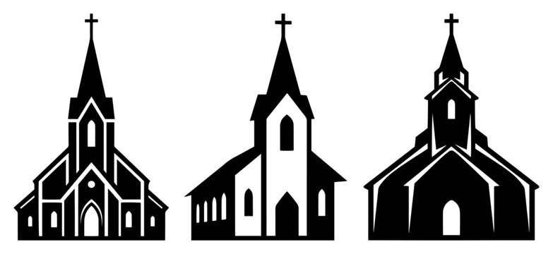 Set of black church building silhouettes with crosses on the spires