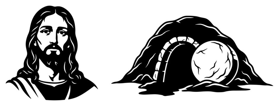 Portrait of Jesus Christ and the empty tomb with stone rolled away in black and white silhouette style