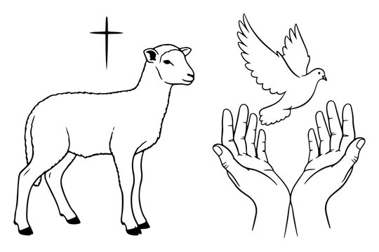Religious symbols of the sacrificial lamb and dove of peace with praying hands in minimalist line art