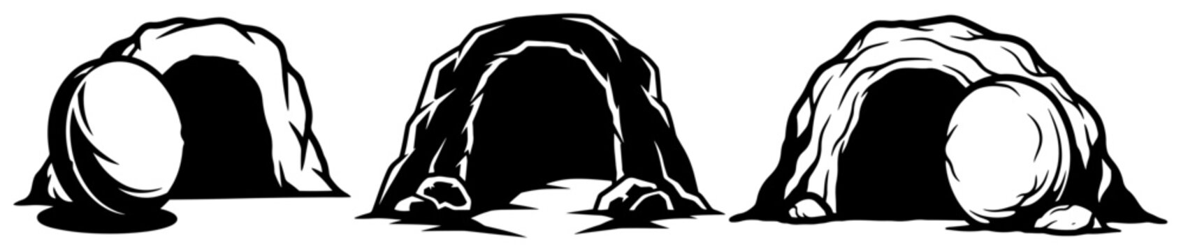Set of three different empty tomb illustrations with stones rolled away in black and white silhouette style