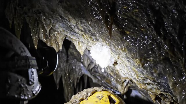 Miner with Headlamp Explores Cave Formations and Dripping Water
