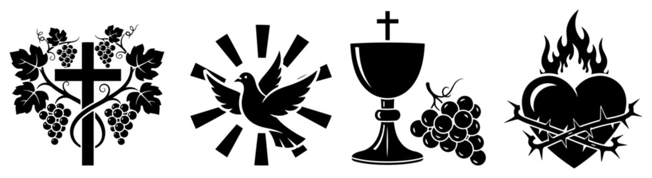 Christian religious symbols set including cross with grapes dove of peace chalice and sacred heart
