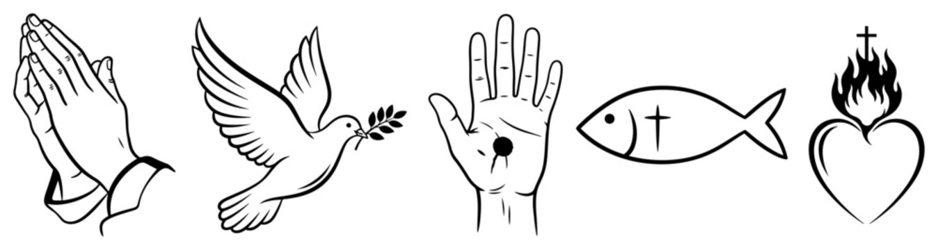 Minimalist line art set of Christian symbols including praying hands and dove of peace