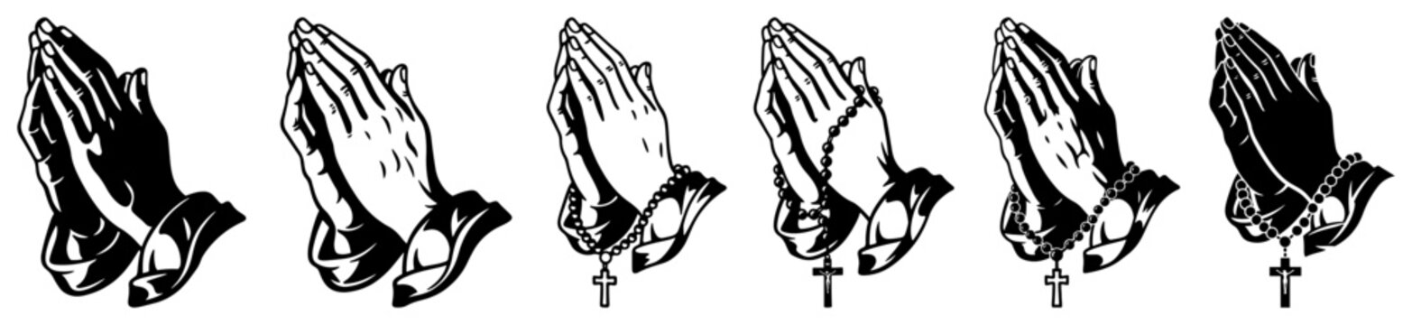 Set of praying hands with rosary beads in black and white silhouette style