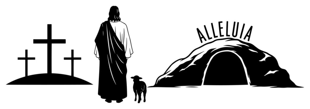 Easter resurrection scene with Jesus empty tomb and three crosses on a hill