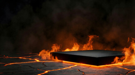 Black Rectangular Platform on Cracked Lava Surface with Flames and Smoke, Hellish Scene, Dark Industrial Element, Fiery Environment