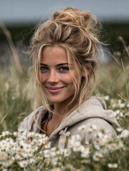 A woman with curly blonde hair smiles amidst a vibrant field of white flowers.