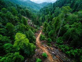 An aerial view shows a dense forest with a dirt path winding through lush greenery and fallen branches.