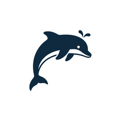 A jumping blue dolphin vector illustration isolated on a white background features a cartoon silhouette of this aquatic marine mammal swimming through ocean waves like a leaping whale or sea animal.