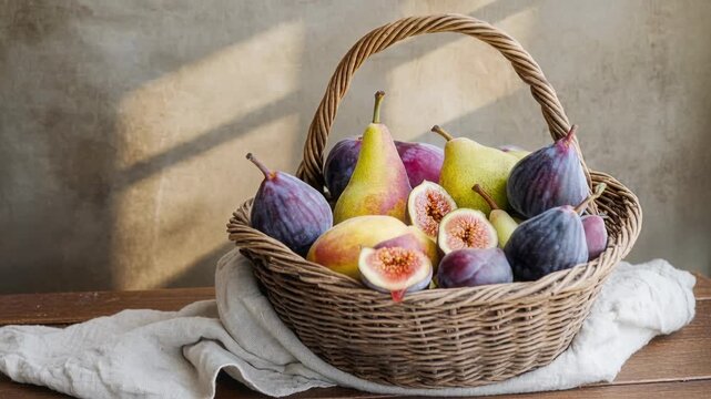 Fresh ripe fruits in wicker basket on rustic table with natural light transition