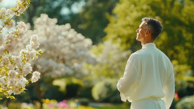 Tranquil tai chi practice in a blossoming garden captures graceful movement