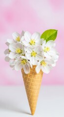 White apple blossoms arranged in a waffle cone. Spring floral concept for greeting card and seasonal promotion. Romantic tender flower.