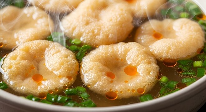 Close up of a hearty bowl of golden brown dumplings floating in a clear savory broth garnished with fresh green scallions and a hint of red chili oil perfect for a comforting meal
