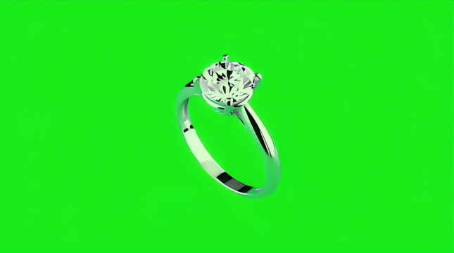 A gleaming classic solitaire diamond engagement ring rendered in high quality isolated against a bright green screen background ideal for video editing and compositing work