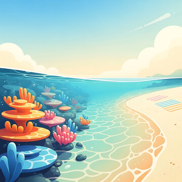 Colorful coral reef and sunny beach scene with shallow clear water