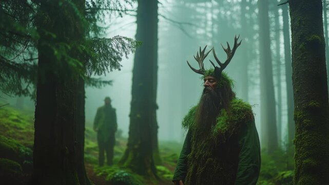 Mysterious forest encounter with antlered figure amidst foggy trees
