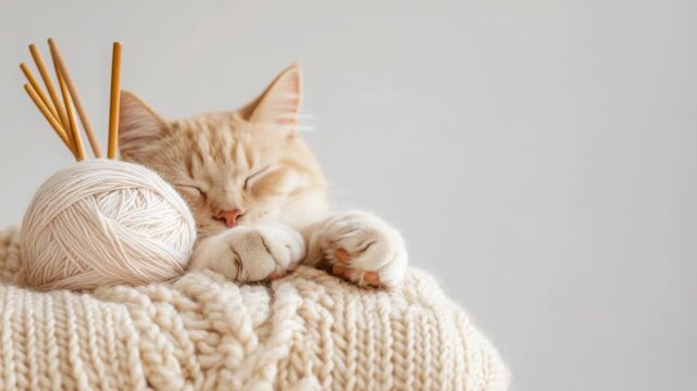 Cozy cat napping next to yarn in knitted setting with relaxing vibes