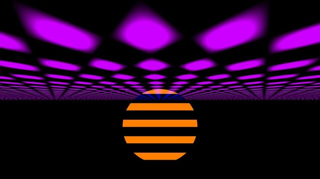Geometric retrowave 80s visualizer with orange sphere and purple pattern Seamless VJ Loop abstract background