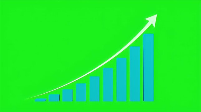 Animated three dimensional blue bar graph illustrating clear progressive upward financial growth movement symbolized by a white rising arrow over a vibrant green screen background for easy compositing