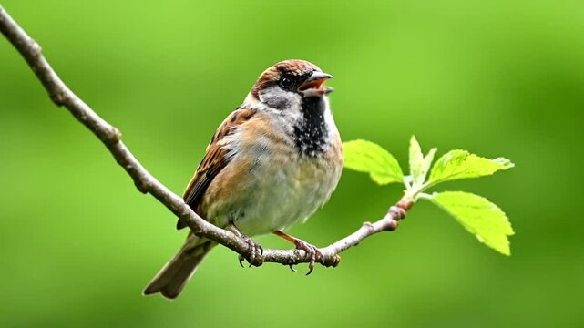 Close-up of a small house sparrow perched on a thin branch with vibrant green leaves and a blurred natural background.