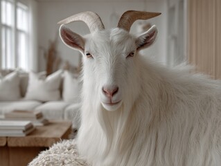 Obraz premium A white goat with curly fur stands indoors against a blurred background of a sofa and window.