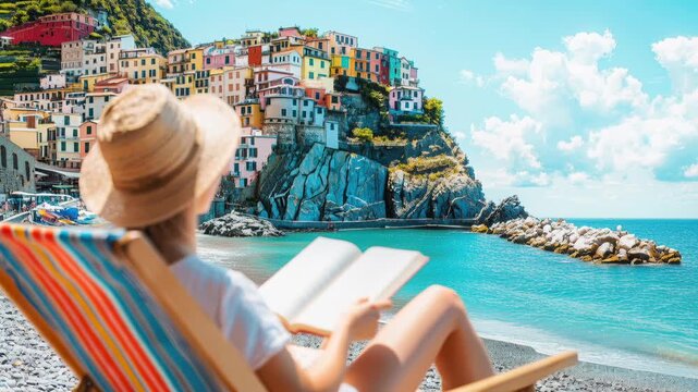 Relaxing beachside read with vibrant coastal village view under sunny skies