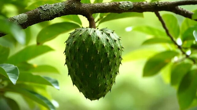 Close-up of a soursop fruit hanging from a tree branch in a tropical garden.
