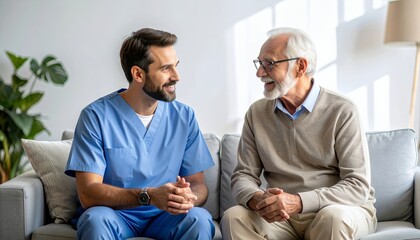 Fototapeta premium Caring male nurse provides compassionate home care and support to a senior man, fostering a trusting relationship.