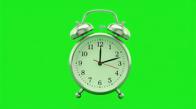 Classic metal twin bell alarm clock with large white face displaying time against a vibrant green screen for easy compositing in video projects