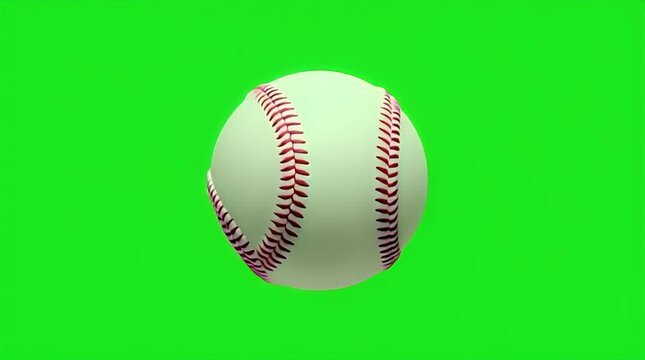 A realistic three dimensional rendering of a professional baseball rotating slowly against a vibrant green screen background perfect for sports related video production work or animation projects