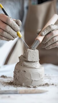 Crafting pottery art: sculpting clay with tools in handson workshop