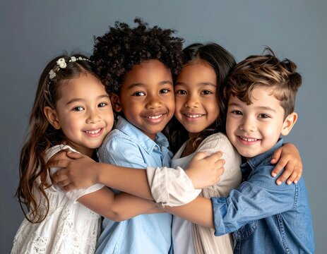 Diverse Group of Happy Children Embracing Each Other.