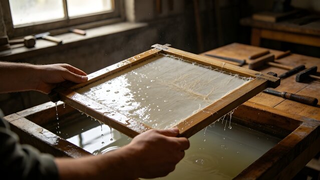 First person point of view of an artisan lifting handmade paper pulp frame in a traditional craft workshop.