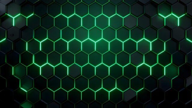 Neon green hexagonal grid pattern on a dark background