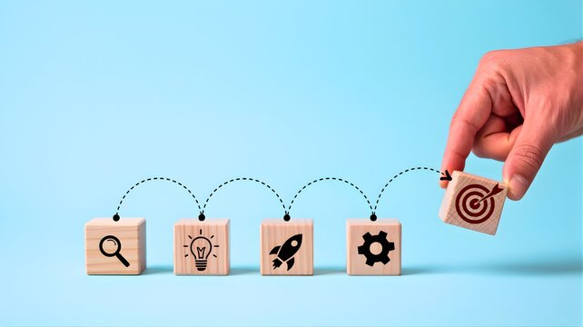 Conceptualizing and achieving business goals with a step-by-step strategy depicted by icons on wooden blocks