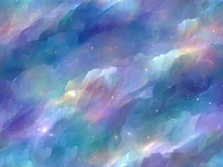 This digital artwork presents swirling patterns and stars against a deep blue background, creating an abstract space scene.