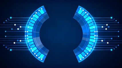 Abstract digital interface with glowing blue arcs and circuit-like connections on a dark background