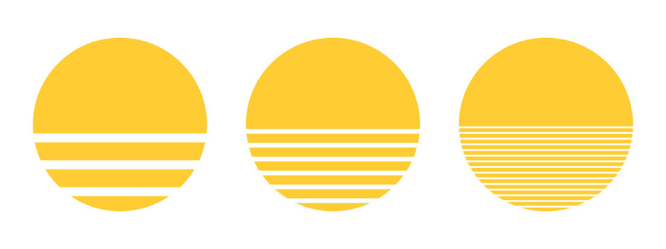 Set of round half-whole and half-striped geometric shapes isolated on white background. Sun or moon silhouettes. Sunrise or sunset concept. Simple design element. Vector flat illustration.