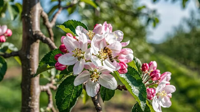 Honeybee approaching pink and white apple blossoms on a tree branch in an orchard