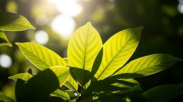 Close-up of green leaves illuminated by soft sunlight, evoking tranquility.